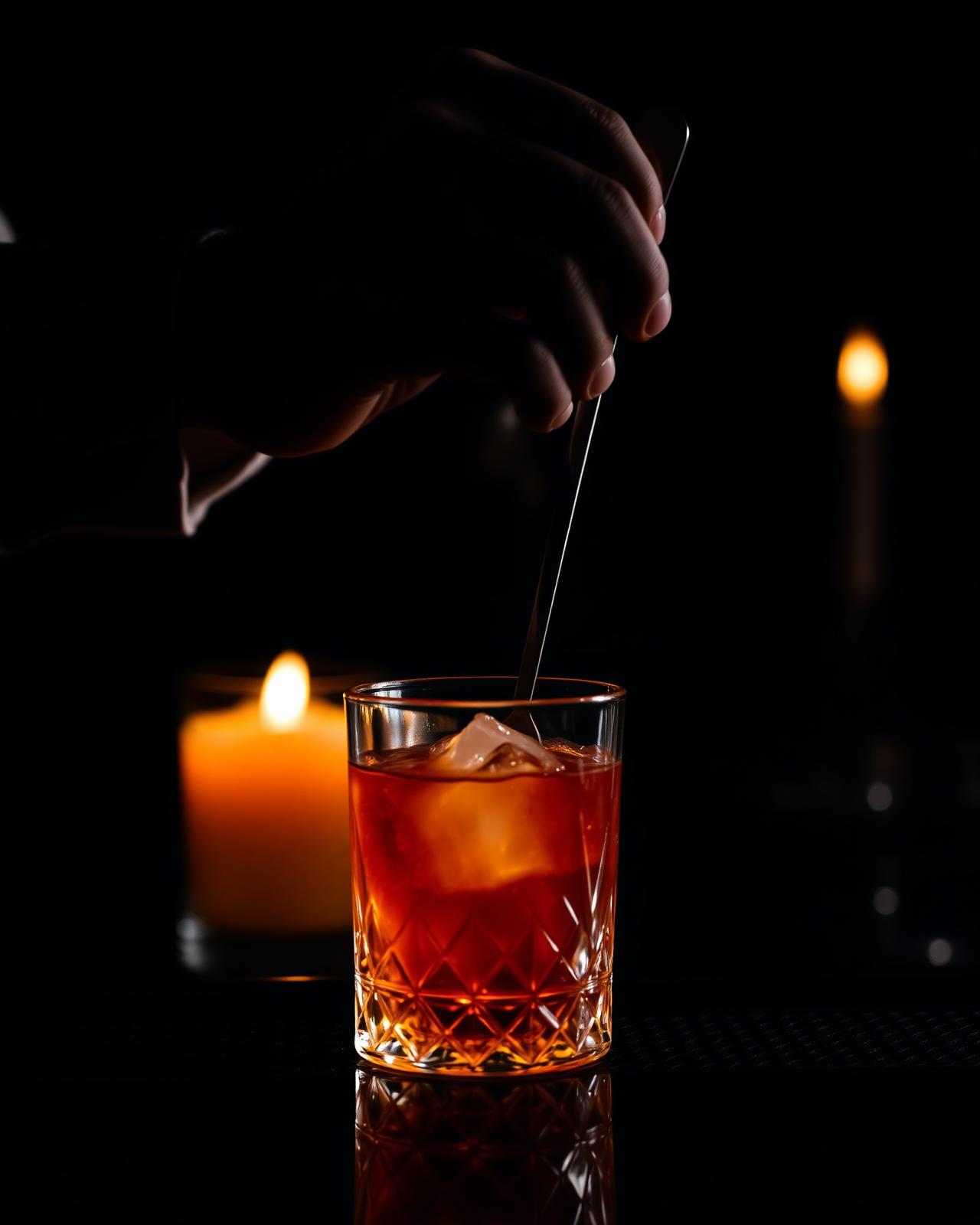 Bartender stirring an amber cocktail